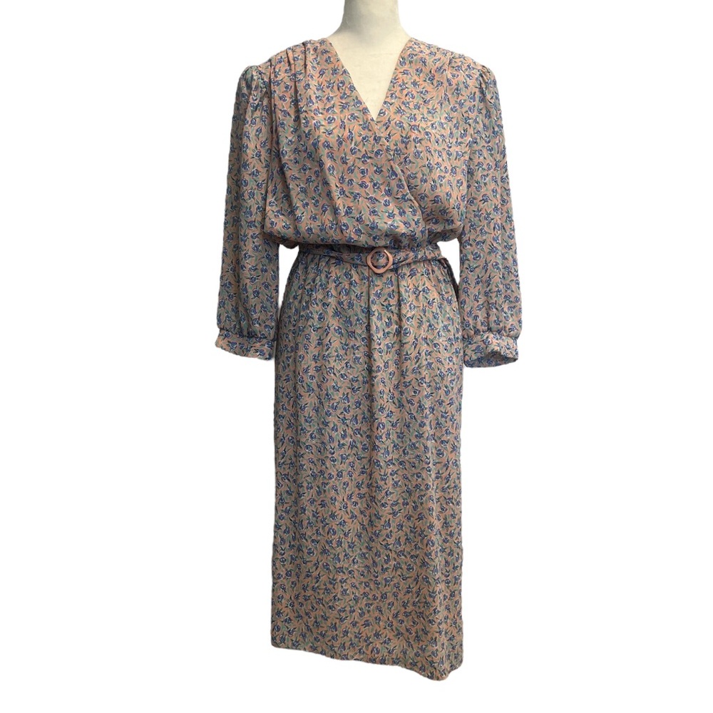 Vintage 80's Alison Peters Blouson Dress Womens Size Large Pink Floral Belted